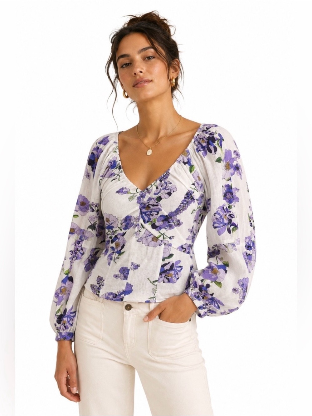 Anthropologie Blouse Women's Medium Floral V-Neck Cropped Colorful Sheer Shirt